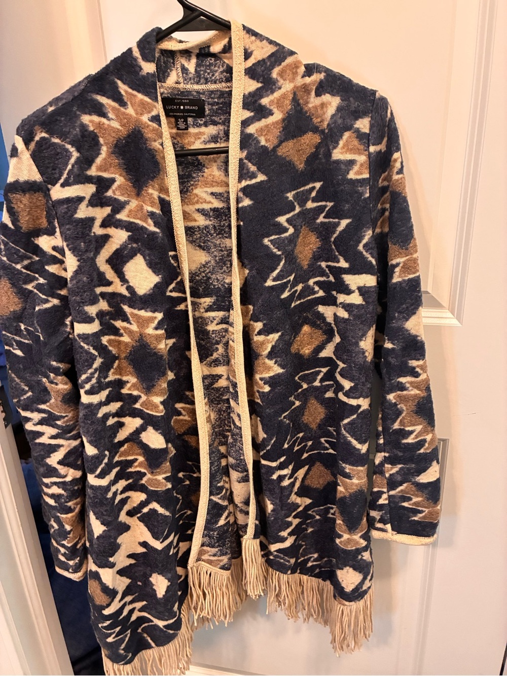 Lucky Brand Blue Cream Brown Aztec Fringe Open Cardigan